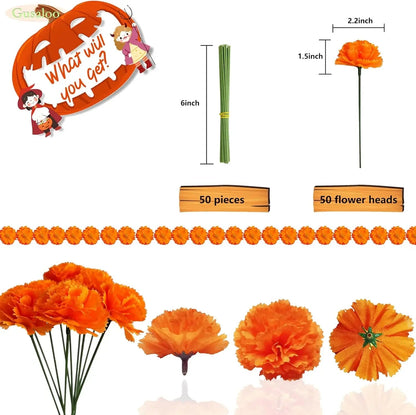 50Pcs Mexican Marigold Artificial Flowers for Day of The Dead Diwali Home DIY Craft Party Halloween Dia De Los Muertos Decor Good Vibrations