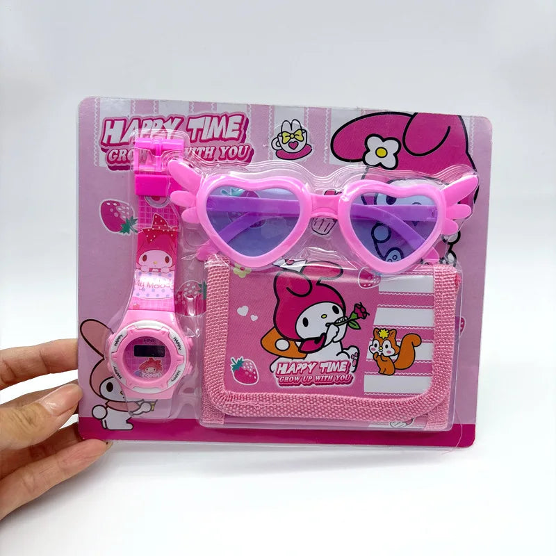 Fashion 3ps Unicorn Hello Kitty Girls Watch Kids with Wallet Glasses Cartoon Spiderman Watch Children Clock Toys set Good Vibrations