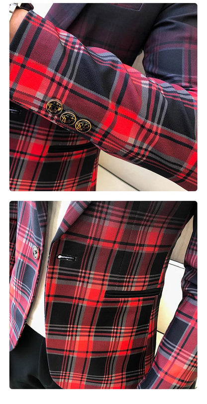 Blazer Men Boutique Fashion Plaid Men's Slim Casual Suit Jacket Male Ball Social Blazer Suit Coat Host Clothing Good Vibrations