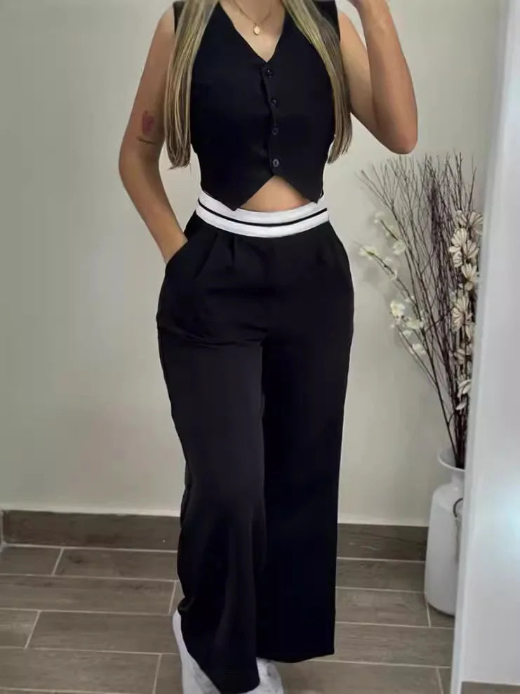 Women's Sexy Black 2 Piece Sets Fashion Hot Girls Wear Contrasting Color V-neck Waistcoat  Wide-leg Trousers Casual Suits Women Good Vibrations