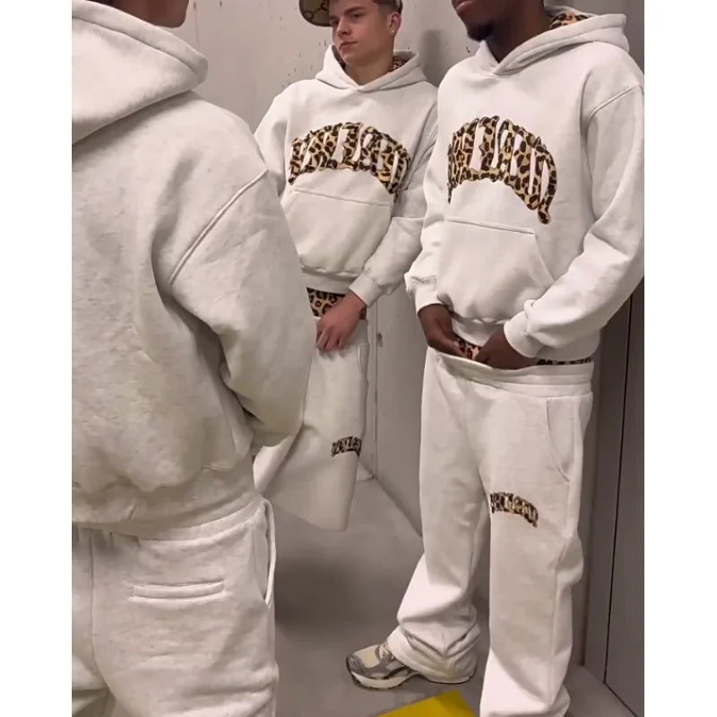 2025 European and American New Trendy High Street Leopard Print Loose Hooded Sweatshirt Casual Stacking Sweatpants Good Vibrations