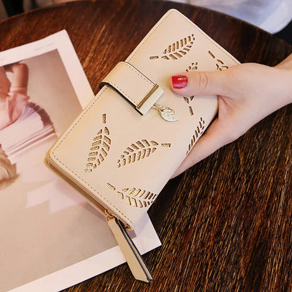 Women Wallet PU Leather Purse Female Long Wallet Gold Hollow Leaves Pouch Handbag For Women Coin Purse Card Holders Clutch Good Vibrations