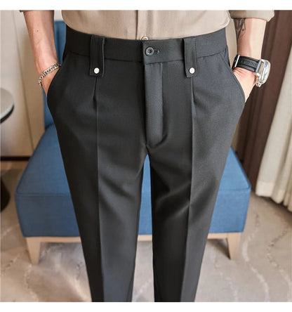 Mens Suit Pants 2025 Autumn New British Style Elastic Waist Solid Casual Formal Dress Pants Slim Fit Trousers for Men Clothing Good Vibrations