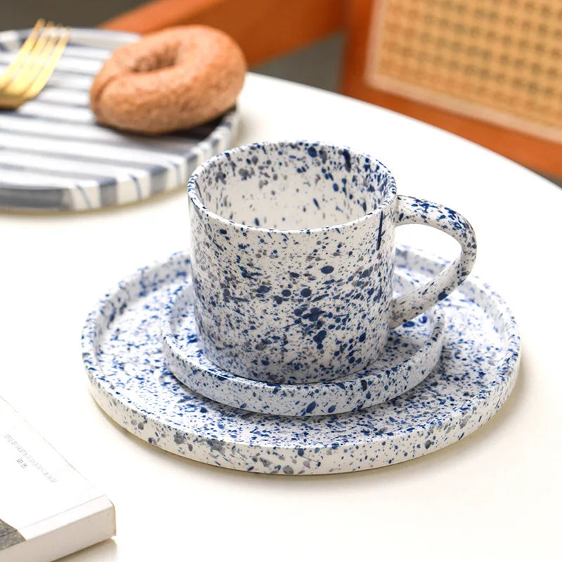 Ceramic Coffee Mug Three-piece Set Hand-painted Striped Mug Afternoon Camellia Tea Mug Breakfast Milk Oatmeal Mug Cake Plate New Good Vibrations