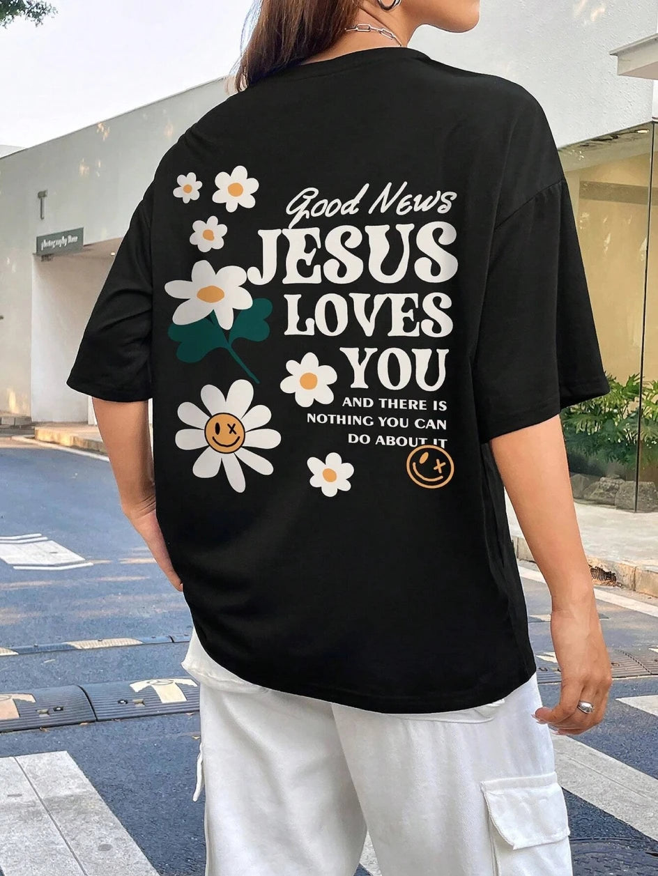 Good News Jesus Loves You Print Women T-Shirt Summer O-Neck T Shirts Basic All-Match Short Sleeve Breathable Comfortable Tops Good Vibrations