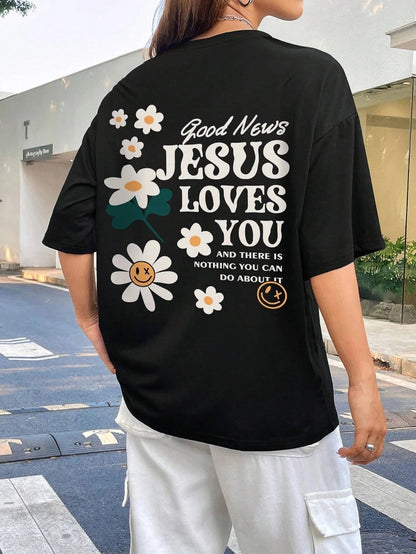 Good News Jesus Loves You Print Women T-Shirt Summer O-Neck T Shirts Basic All-Match Short Sleeve Breathable Comfortable Tops Good Vibrations