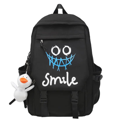 Pocket Front Backpack, Preppy Style Solid Color Nylon  Bookbag, Kawaii Large Capacity Double Handle School Bag Good Vibrations