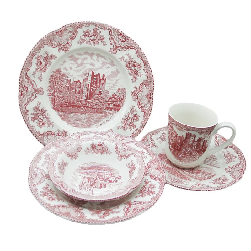 European Style The Old Britain Castles Pink Dinner Set Dinner Ceramic Breakfast Plates Steak Plate Noodles Plate Dish Soup Bowl Good Vibrations