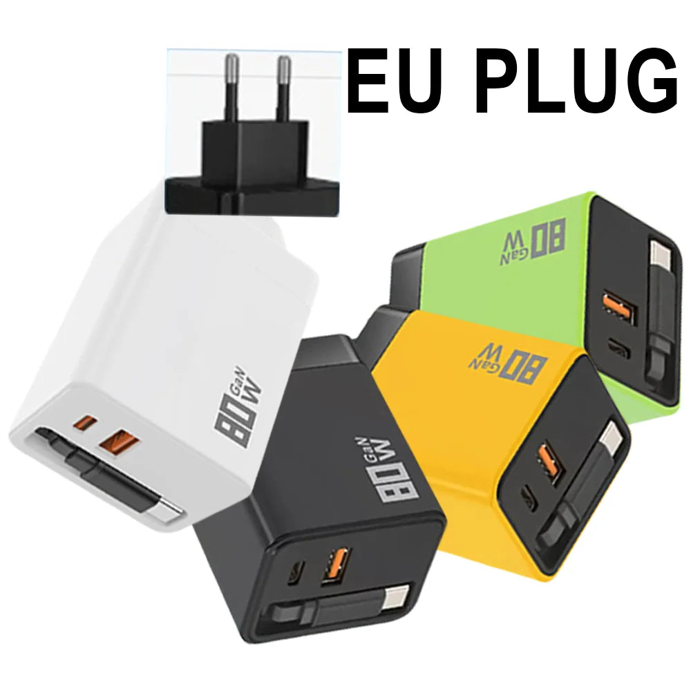3 In 1 80W GaN Fast Charger Built-in Retractable Type-C Cable USB Type-C Charging Head For Universal USB Charging Power Adapter Good Vibrations