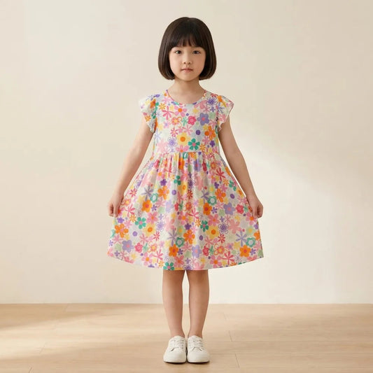 Summer Baby Girls Flower Print Dresses Kids Girls Clothes Toddler Baby Flying Floral Dress Children's Clothing Kids Beach Dress Good Vibrations