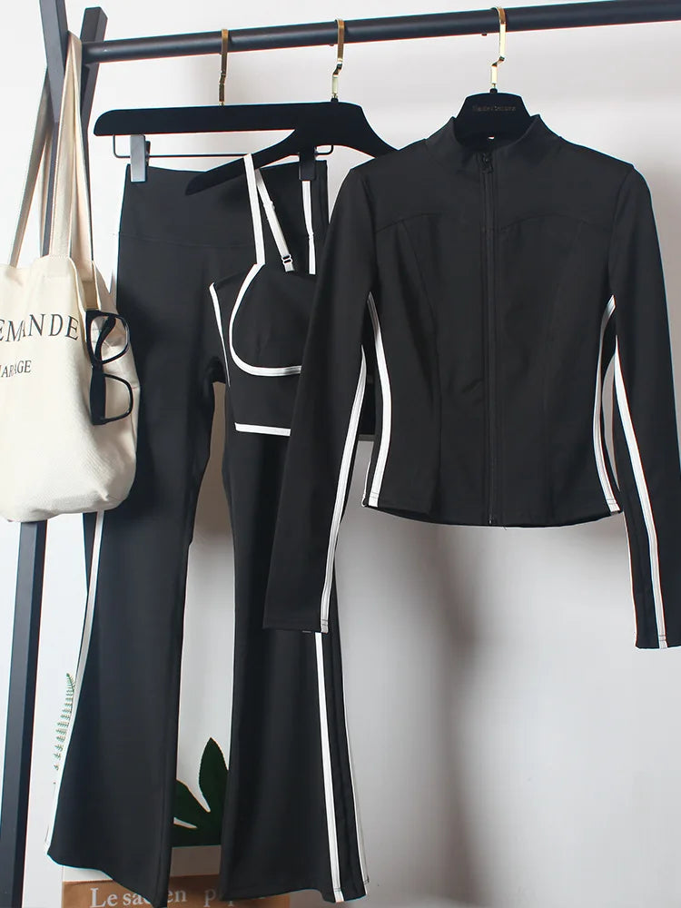 Women's Yoga Costumes 3pcs Set Spring Coat and Bra High-waisted Flared Trousers Dance Morning Runs Costume Outfits for Female Good Vibrations