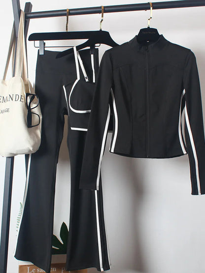 Women's Yoga Costumes 3pcs Set Spring Coat and Bra High-waisted Flared Trousers Dance Morning Runs Costume Outfits for Female Good Vibrations