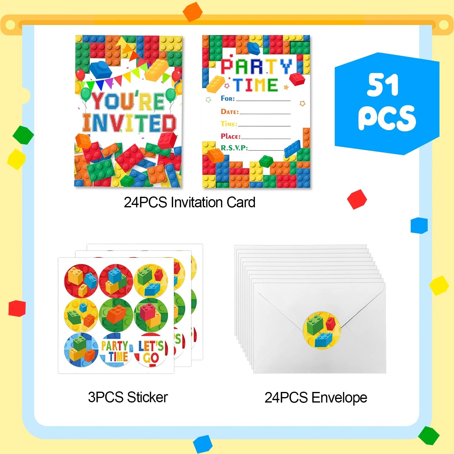 Building Blocks Birthday Invitations, Brick Party Invitation Card Building Birthday Invites with Stickers & Envelopes(24 Guests) Good Vibrations