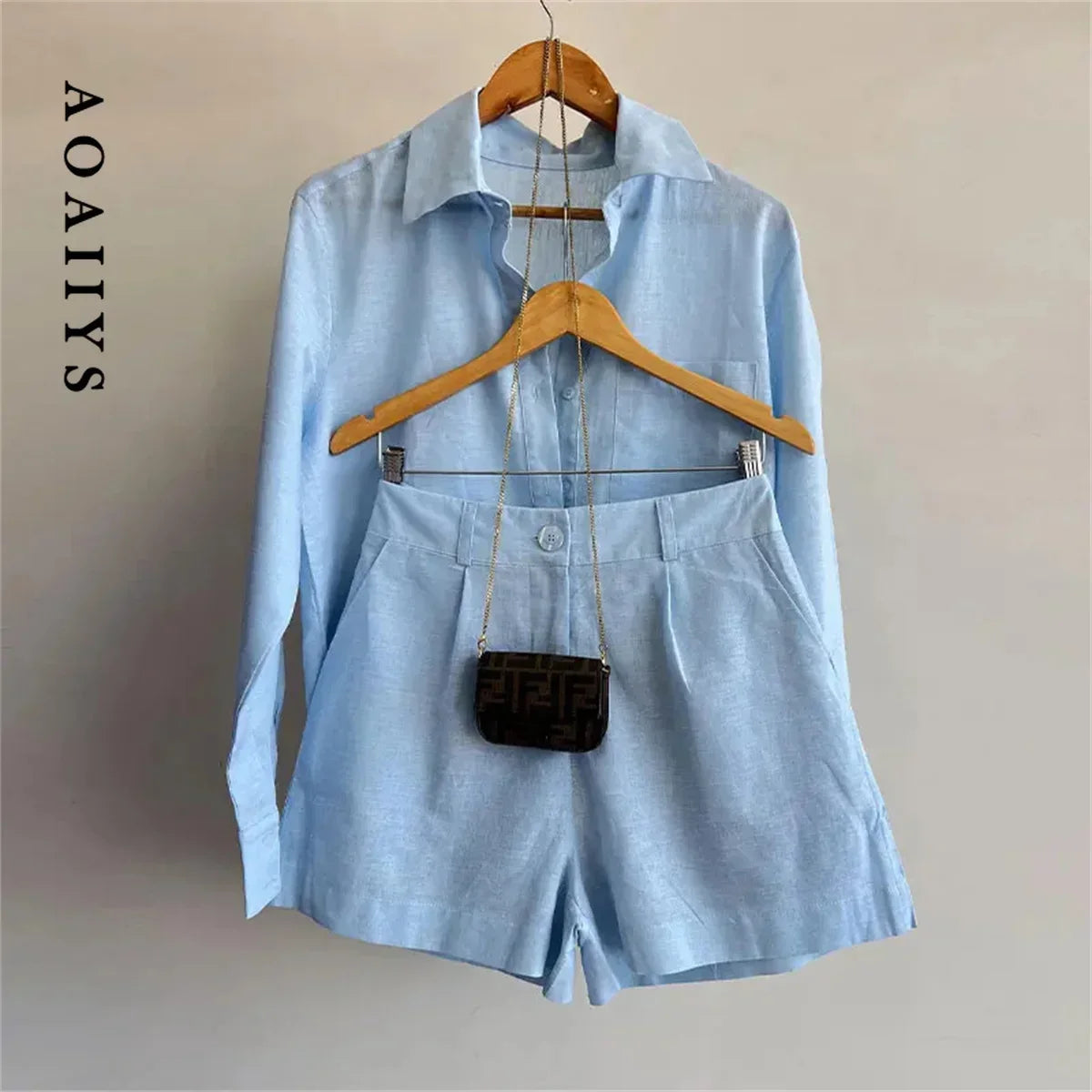2026 New Short Sets Women Shirts Long Sleeve Cotton Linen Loose Blouse High Waist Shorts Suit Summer 2 Piece Sets Womens Outfits Good Vibrations