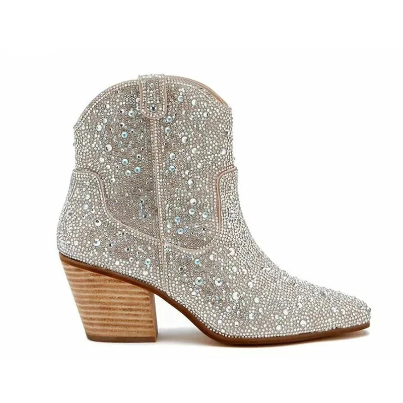 Western Cowboy Boots Fashion Women Ankle Boots Glitter Bling Shiny Trend High Heels High Quality Sexy Shoes Botas De Mujer 2024 Good Vibrations