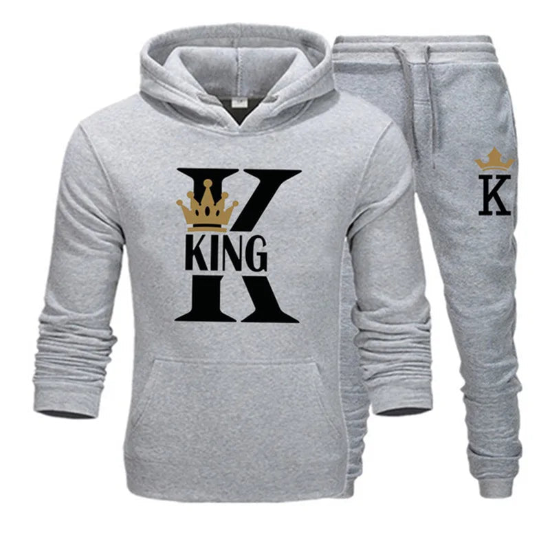 2024 New Autumn and Winter Men's and Women's Sweater Set KING QUEEN Loose Relaxed Hooded Print Couple Set Good Vibrations