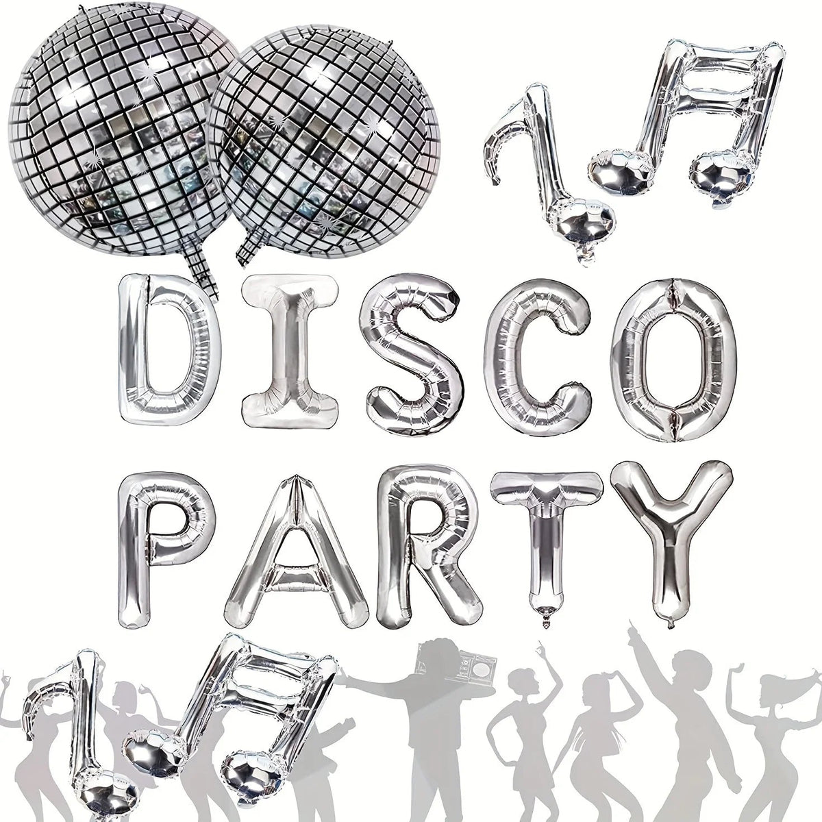 16-Piece 90s Retro Disco Theme Party Set: Silver Letter Foil Balloons & Musical Note Decorative Balloons Good Vibrations