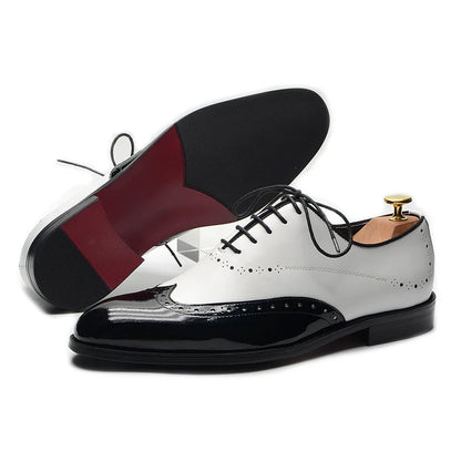 Formal Oxfords Shoes for Men White Black Real Cow Patent Leather Business Lace-up Wingtip Toe Brogue Wedding Mens Dress Shoes Good Vibrations
