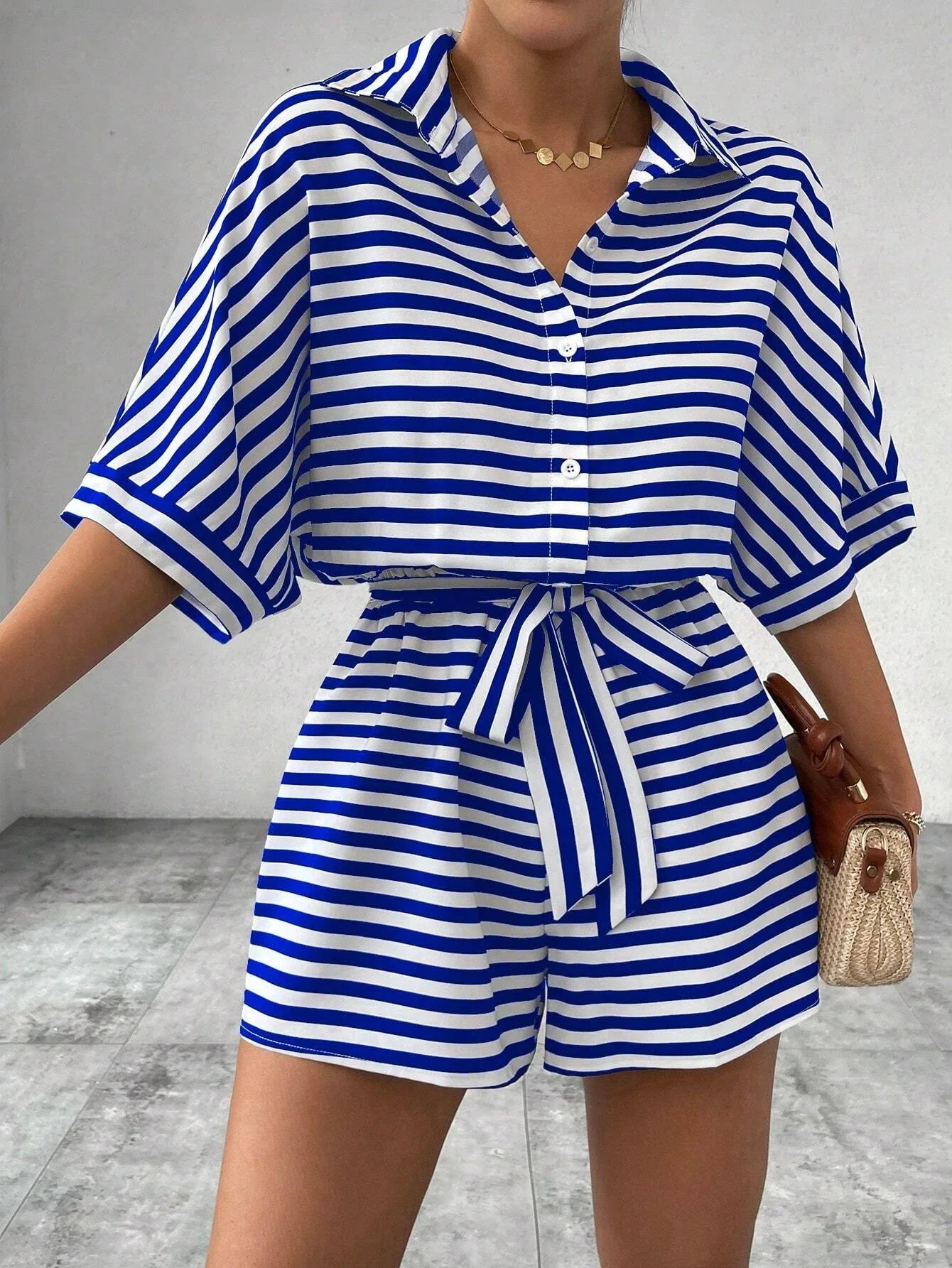 Summer New Set For Women's Casual Loose Comfortable Outfit Fashion Striped Batwing Sleeve Shirt Top+ Shorts 2-piece Sets Woman Good Vibrations