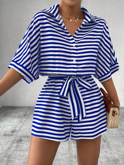 Summer New Set For Women's Casual Loose Comfortable Outfit Fashion Striped Batwing Sleeve Shirt Top+ Shorts 2-piece Sets Woman Good Vibrations