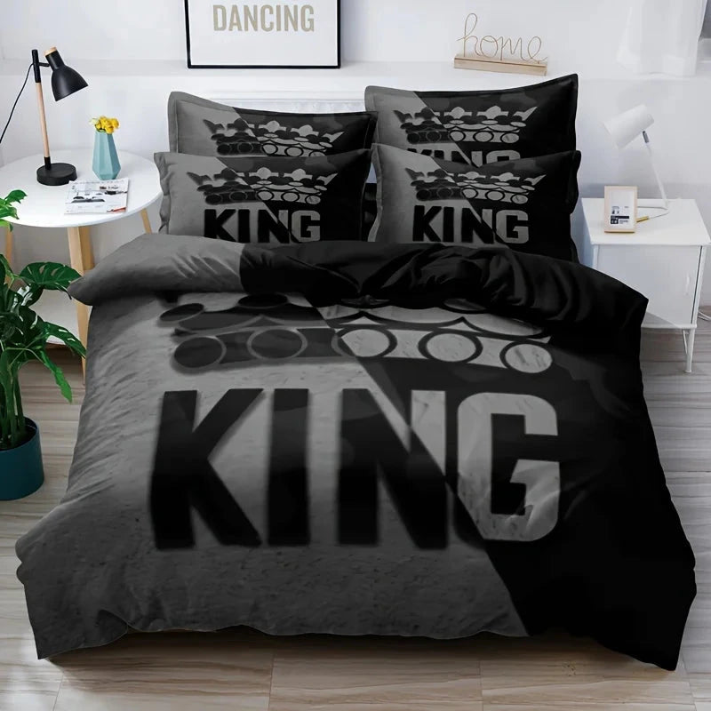 Grey and Black King Size Bed Pattern Down Duvet Cover Set, Soft and Comfortable Bedroom and Dormitory Decoration Bedding Set Good Vibrations
