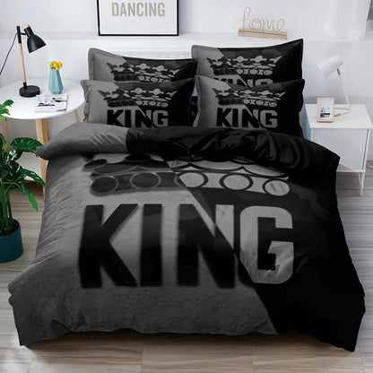 Grey and Black King Size Bed Pattern Down Duvet Cover Set, Soft and Comfortable Bedroom and Dormitory Decoration Bedding Set Good Vibrations