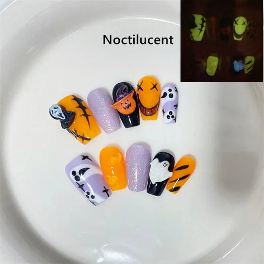 Noctilucent Handmade Press on Nails Wearable Pumpkin Halloween False Nails Design Cute Orange Fake Nails Manicure Decoration Kit Good Vibrations