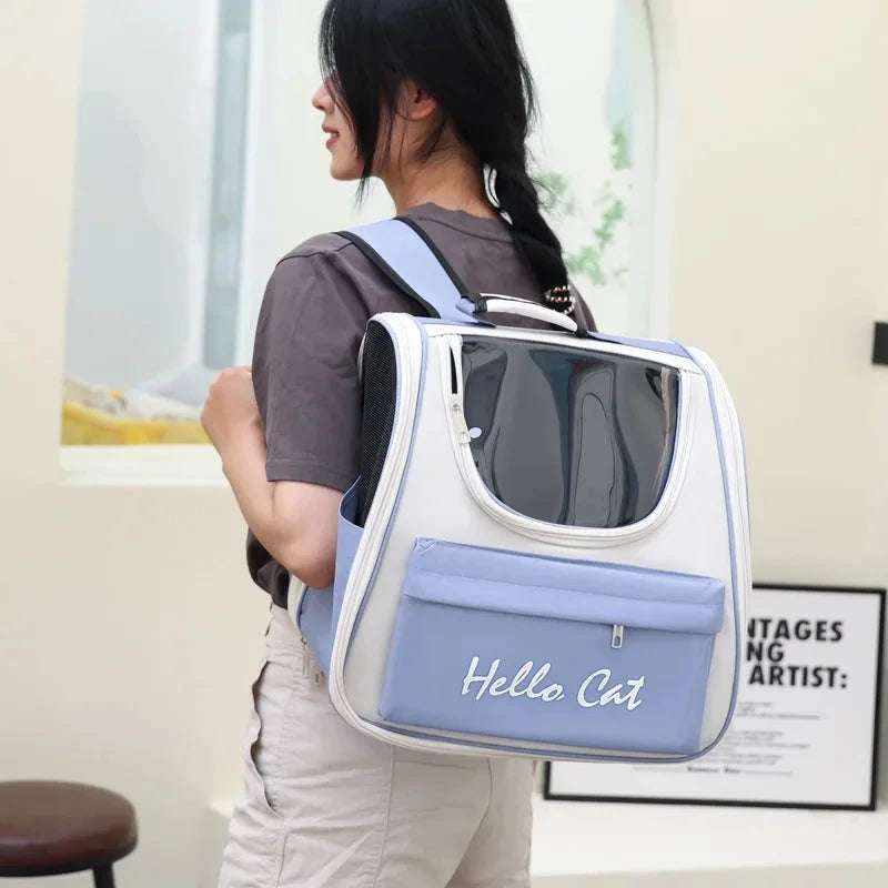 Pet Carrier Backpack with "Hello Cat" Lettering and Transparent Window Breathable Pocket Comfortable Cat & Dog Travel Backpack Good Vibrations