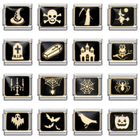 Goth Vintage Black Glaze Skull Raven Ghost Halloween Day's Charm Links Fit 9mm Bracelet Stainless Steel Making DIY Jewelry Good Vibrations