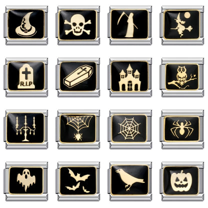 Goth Vintage Black Glaze Skull Raven Ghost Halloween Day's Charm Links Fit 9mm Bracelet Stainless Steel Making DIY Jewelry Good Vibrations