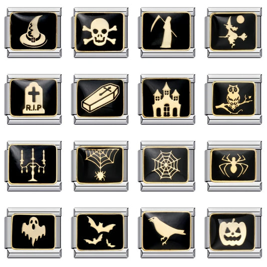 Goth Vintage Black Glaze Skull Raven Ghost Halloween Day's Charm Links Fit 9mm Bracelet Stainless Steel Making DIY Jewelry Good Vibrations