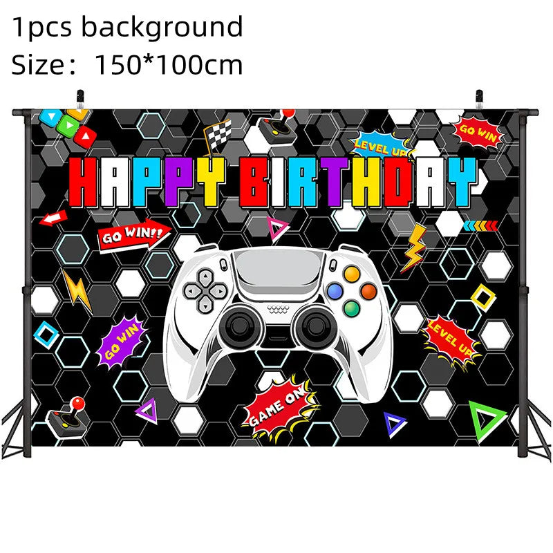 Video Game Party Supplies Set Birthday Decorations Happy Birthday Gaming Backdrop Game On Table Covers Gamer Banner Balloons Good Vibrations
