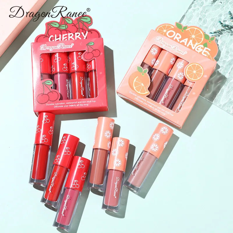 Mini Velvet Matte Lip Gloss Set, 4-Piece Non-Fading, Non-Stick Cup, Long-Lasting Fruit Scented Lip Tint, Smooth and Lightweight Good Vibrations