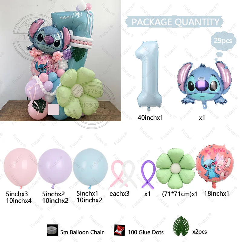1set Stitch Birthday Party Decorations 40inch Blue Number Foil Balloon Children's Birthday Background Boys Girls Toys Gifts Good Vibrations