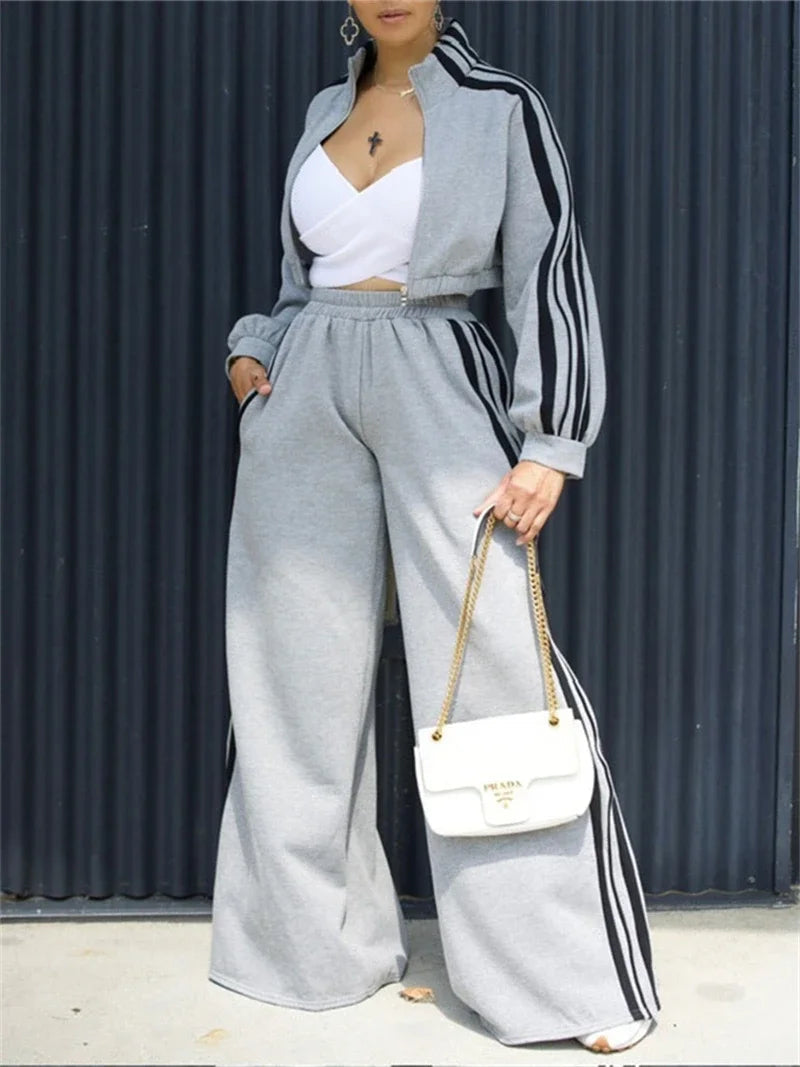 Street 2 Piece Sets Women Outfit Fall Clothes 2024 Women Side Stripe Crop Top + Pant Sets Casual Tracksuits Set Woman Sweatsuits Good Vibrations