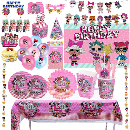 Girl Surprise Theme Backdrop Cute Shiny Doll Birthday Party Decoration Pink Latex Balloon Disposable Tableware Plate Cake Topper Good Vibrations