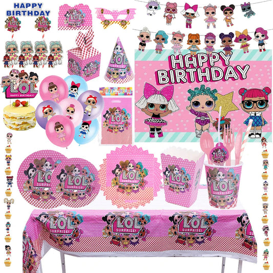 Girl Surprise Theme Backdrop Cute Shiny Doll Birthday Party Decoration Pink Latex Balloon Disposable Tableware Plate Cake Topper Good Vibrations