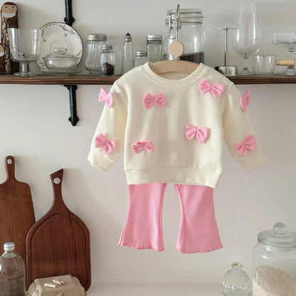 2025 Spring Autumn New Kids Cute Bowknot Long Sleeved Outfit Set Baby Boy Girl Cartoon Casual Tracksuit Pink Flared Pants Suit Good Vibrations