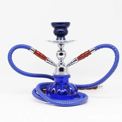 Small glass shisha pipe hookah set with single hose and blue bowl, includes charcoal tongs.