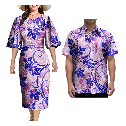 Couple Outfit Sets Elegant Dresses Women Sexy Skirt Samoa Tattoo Printed Polynesian Casual Dress Matching Men Shirts Good Vibrations