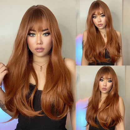 Ginger Orange Synthetic Wigs for Black Women Long Wavy Wigs with Bangs Cosplay Colored Hair Heat Resistant Body Wave Party Wig Good Vibrations