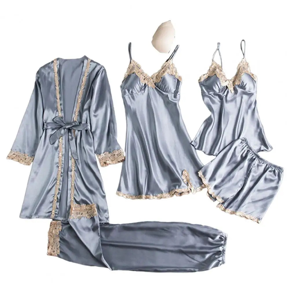 5 Pcs/Set Women Pajamas Set Nightgown Nightdress Top Shorts Pants Set Silky Satin Lace Lace-up Waist Thin Homewear Sleepwear Set Good Vibrations