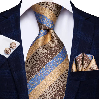 Hi-Tie Champagne Gold Striped Paisley Solid Men Silk Wedding Tie Fashion Design Necktie For Men Hanky Cufflink Business Party Good Vibrations
