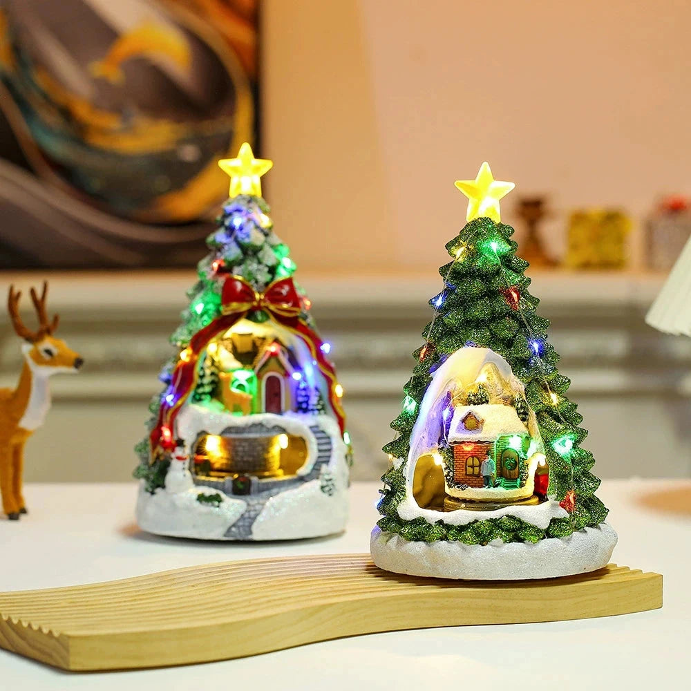 Christmas Tree Glowing House Music Ornament Adults Kids Rotating Train Winter Scene House for Home Table Office Holiday Decor Good Vibrations