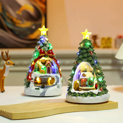 Christmas Tree Glowing House Music Ornament Adults Kids Rotating Train Winter Scene House for Home Table Office Holiday Decor Good Vibrations