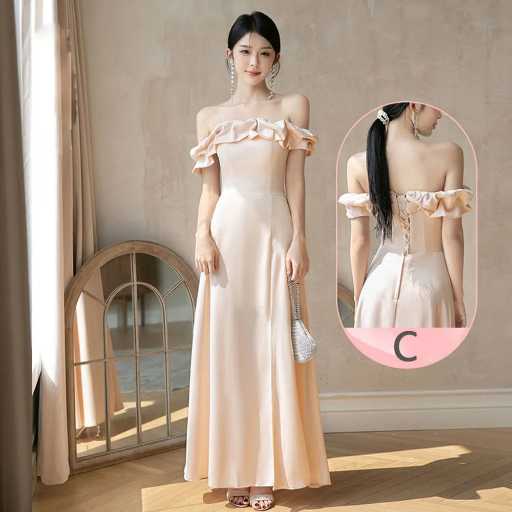 4styles Champagne Bridesmaid Dress Women's Elegant Satin Ruffles Design Off Shoulder Ankle Length Wedding Party Guest Vestido Good Vibrations