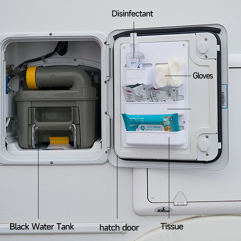 Camper RV Door Organizer Storage Box ABS Compartment Shelf for Motorhome Caravan Van Waste Tank Hatch Good Vibrations