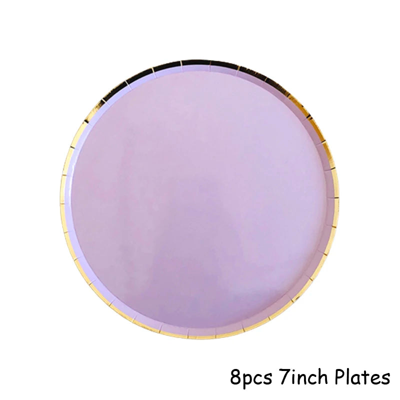 Purple Gold Party Paper Cup Plate Straw For Birthday Carnival Kids Favors Wedding Decor Disposable Tableware Party Supplies Good Vibrations