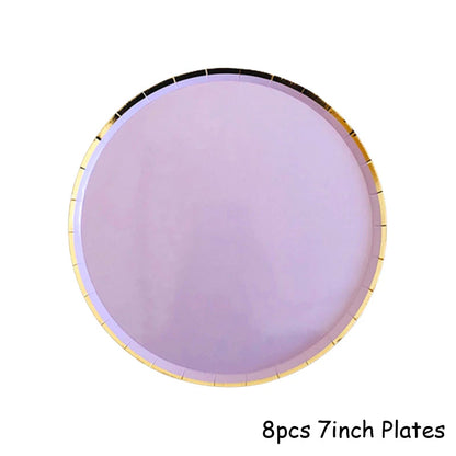 Purple Gold Party Paper Cup Plate Straw For Birthday Carnival Kids Favors Wedding Decor Disposable Tableware Party Supplies Good Vibrations