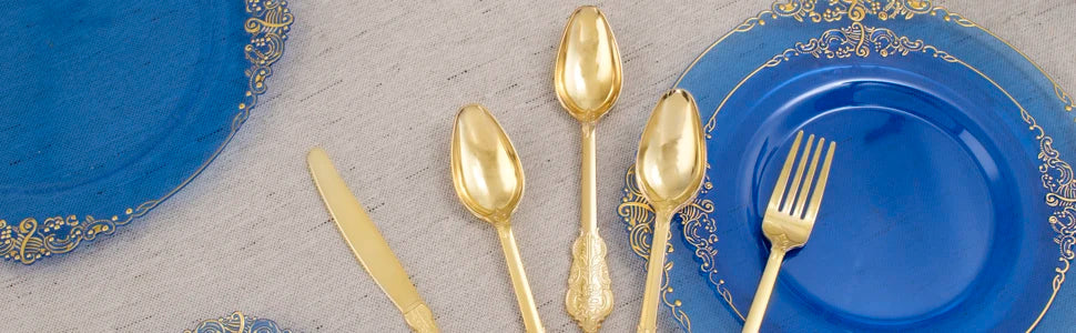 175PCS Blue Gold Plastic Plates Sets, Include 25Dinner Plates, 25Dessert Plates, 25Cups, 25Forks, 25Knives, 25Spoons, 25Napkins Good Vibrations